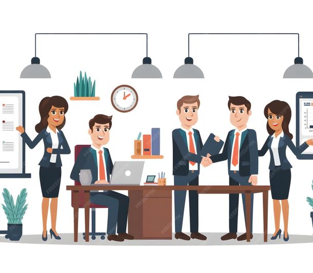 drawing-group-people-meeting-with-clock-wall_570313-1448